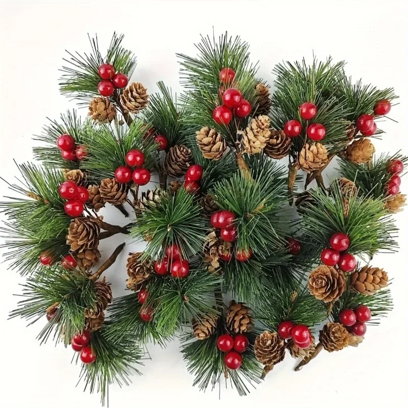 12pcs Christmas Decoration 2026 Artificial Pine Branches Red Berry Pine Cone Picks DIY Wreath Christmas Tree Decorations Luxury