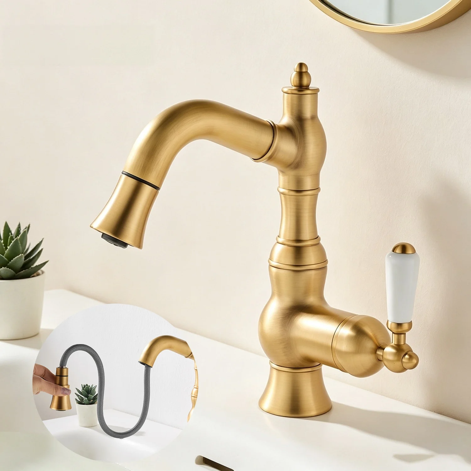Brass Antique Style Pull-out Hot and Cold Basin Faucet Expandable and Rotatable Multifunctional Retro Bathroom Mixer Faucet
