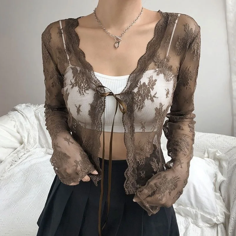 2024 Summer New Lace Cardigan for Women Korean Version Retro Lace Up Long Sleeved Top Sexy V-Neck Perspective Shirt