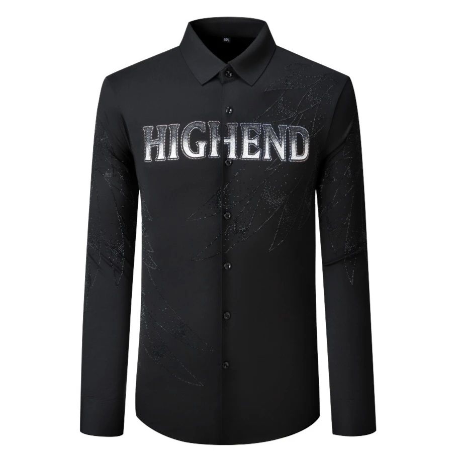 Luxury Letter Rhinestone Men's Shirt High End Long Sleeved Casual Business Dress Shirt Social Banquet Party Performance Costumes