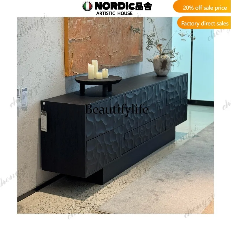 P37 Medieval style designer solid wood black pattern dining side cabinet wabi sandy style retro carved locker
