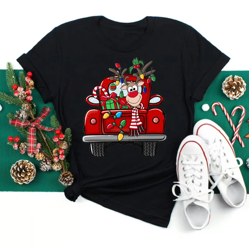 Maycaur T-shirts Women 90s Christmas Truck Clothes Cartoon Kawaii Deer Printed Tshirt Top Lady Print Tee Women's Y2K Clothing
