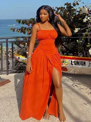 Women Summer Spaghetti Strap Sundress Back Zip High Waist Elegant Dress Side Split Sexy Orange Long Dress Wholesale Dropshipping
