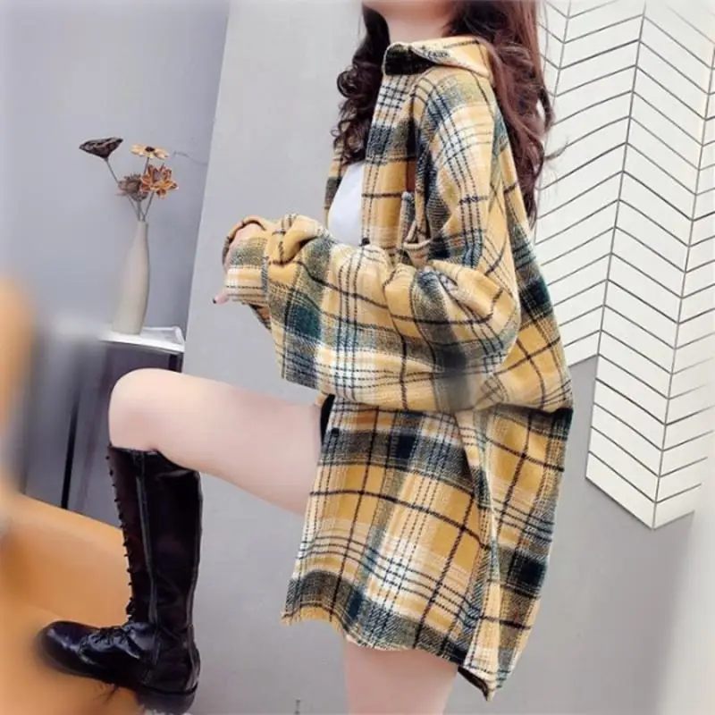 Women\'s Plaid Woolen Shirt Oversize Autumn Thick Warm Plaid Blouses and Shirts Winter Oversized Women Woolen Shirt Thicken D235