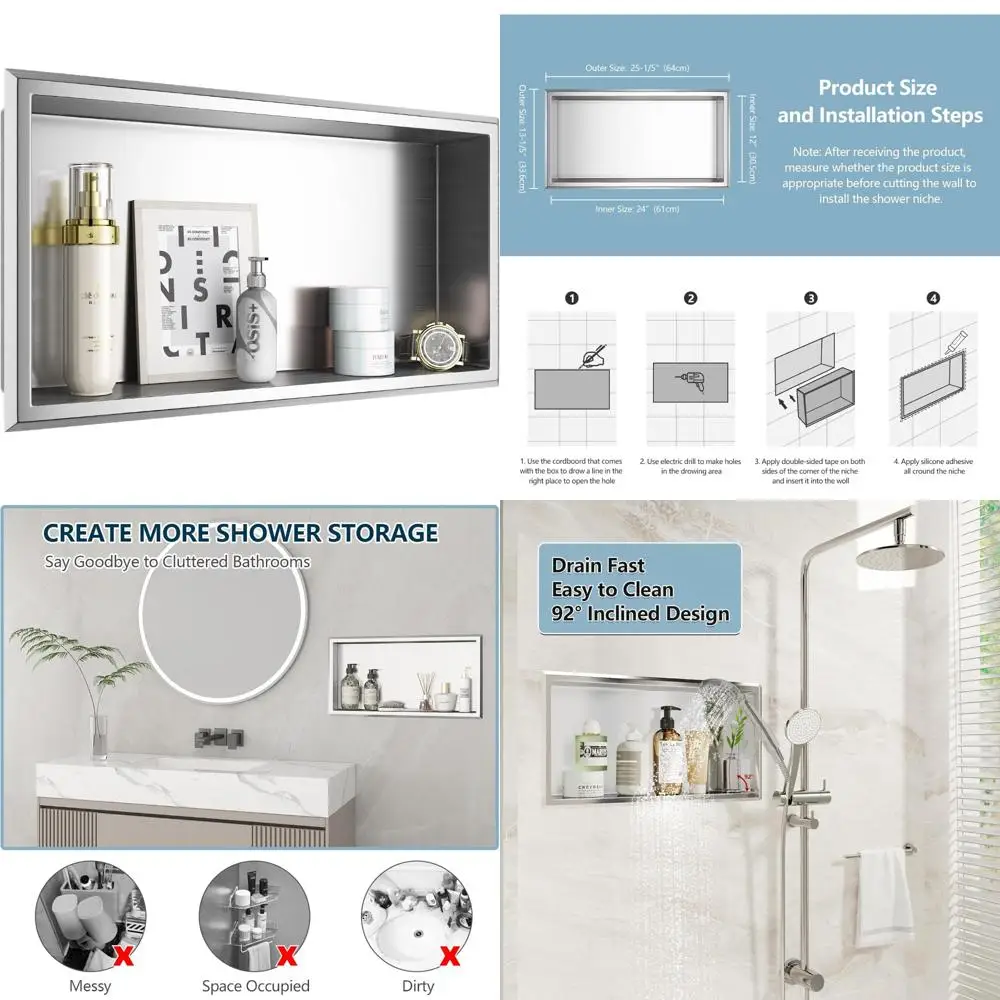 

24 Inch by 12 Inch Stainless Steel Shower Niche, Recessed Wall Shelf for Bathroom, Kitchen, and Toilet, No Tile Required