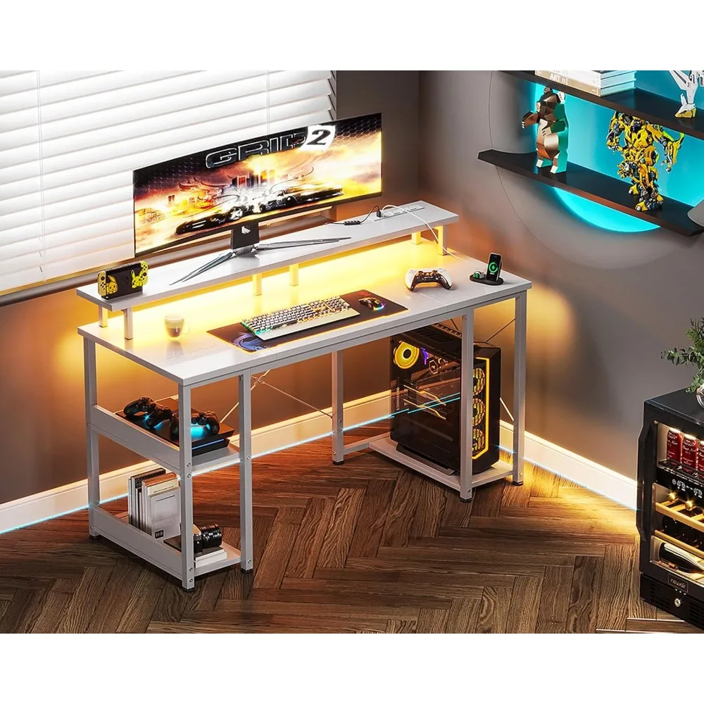 ODK Gaming Desk com luzes LED e Tomadas, Computer Desk, Monitor Stand, armazenamento Sheleves, CPU Stand, Home, 48"