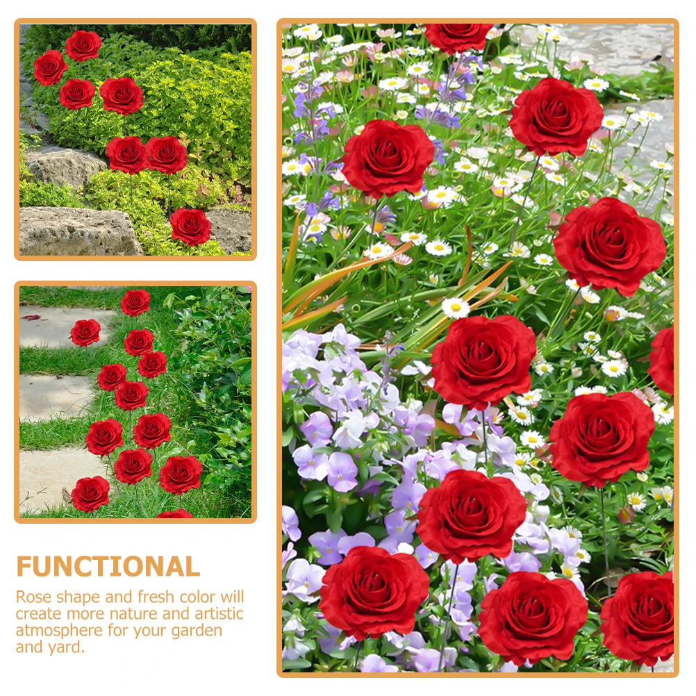 

2Pcs Large Red Fabric Rose Garden Stakes Decor Metal Art Pathway Sign Flower Pot Stakes Outdoor Patio Lawn Ornaments Insert