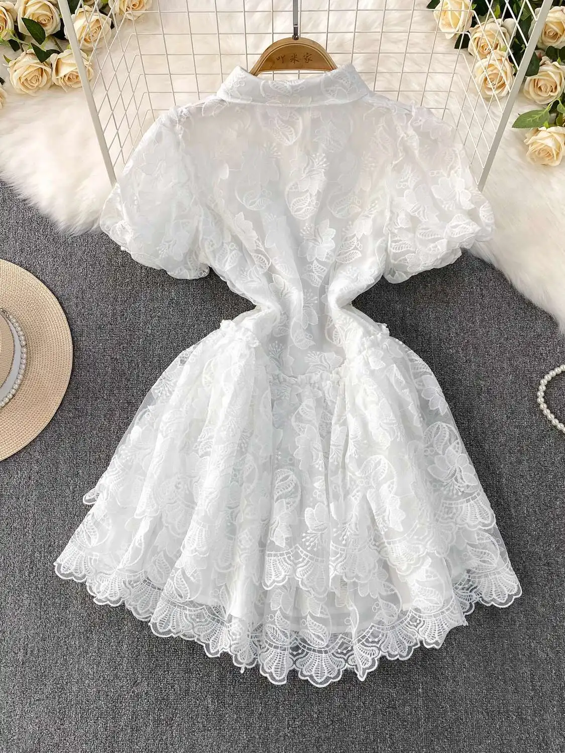 เย็บปักถักร้อยชุดสั้นผู้หญิงฤดูร้อนเดี่ยวเกาหลีสไตล์แขนฟองชุดเจ้าหญิงหวานพรรค Vestidos