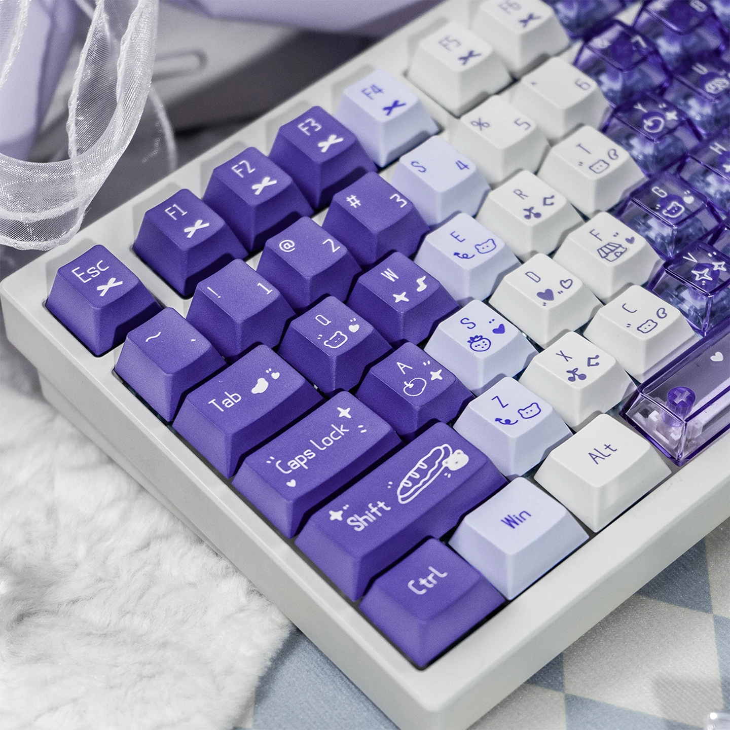 150 Keys Gradient Purple Keycap RGB Transparent Cute Style PC+PBT Keycaps Cherry Profile Dye-Sub Keycaps For Mechanical Keyboard