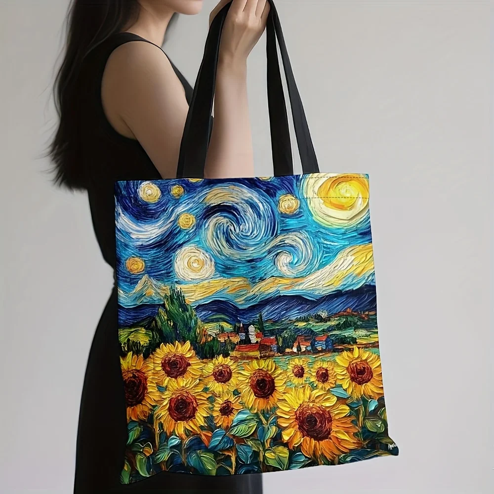 1 قطعة فان جوخ عباد الشمس والنجوم ليلة الفن طباعة حمل حقيبة سعة كبيرة دائم البوليستر قابلة لإعادة الاستخدام حقيبة تسوق البقالة