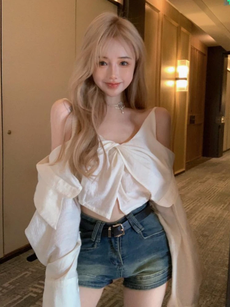 Off-shoulder Baggy Crop Blouses Summer Sunscreen Fairycore Pure Sweet Leisure Youth Kink Tops  Streetwear Feminino Design