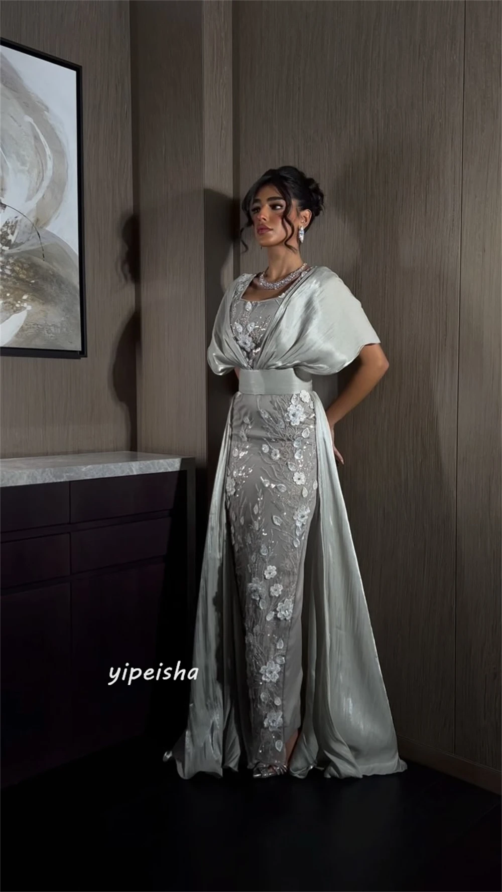 Customized    Jersey Applique Draped Pleat Clubbing A-line Square Collar Bespoke Occasion Gown Long es es es