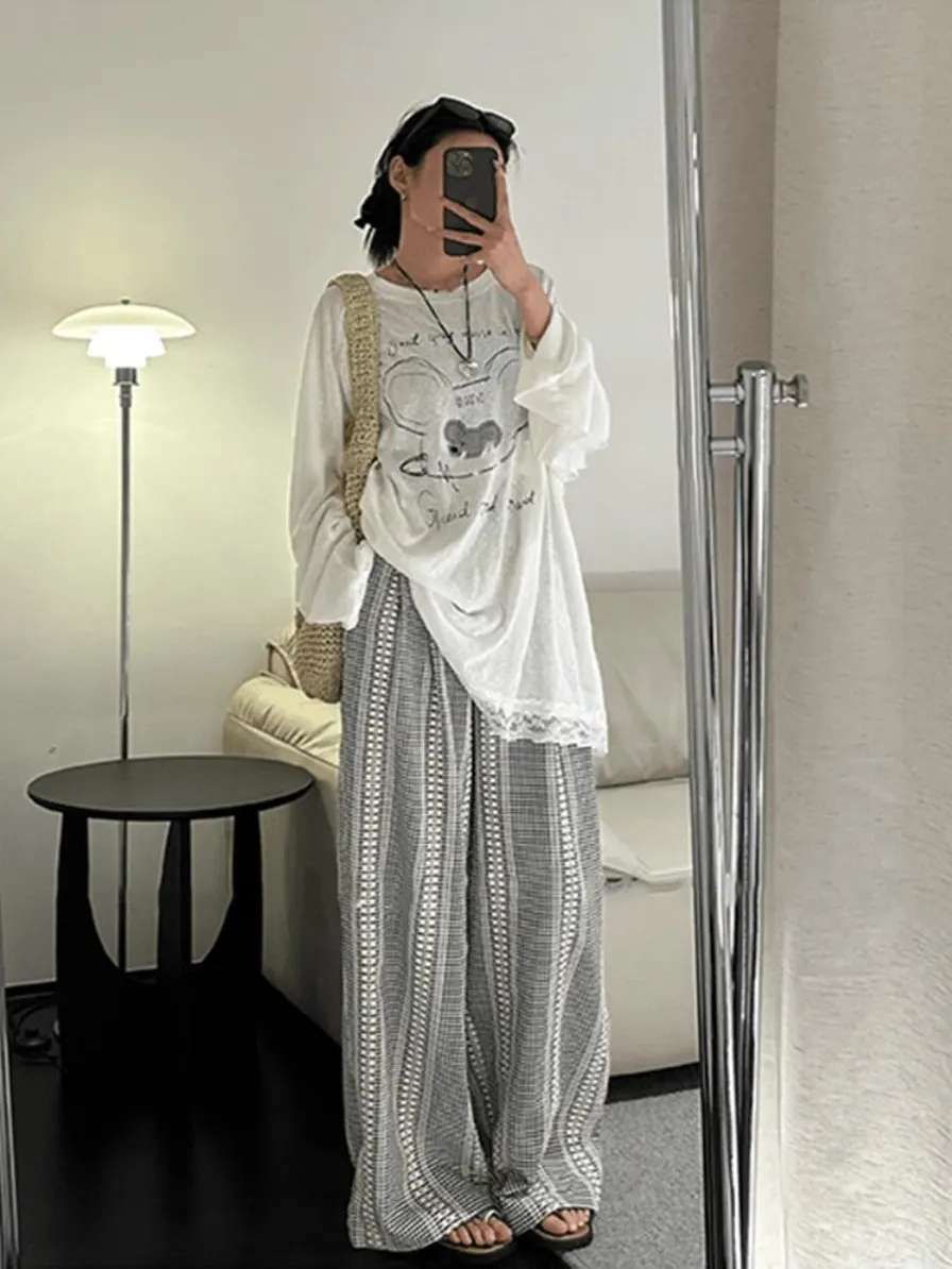 Laid-ba Koreaanse wijde pijpen broek retro ruit casual rechte snit zomer 2025 nieuwe dames hoge taille katoenmix broek