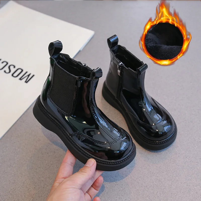 Kids'Boots PU Leather Autumn Solid Color Fashion Flat Thick Bottom Shoes For Children Warm Anti-slip Black Designer Size 26-37