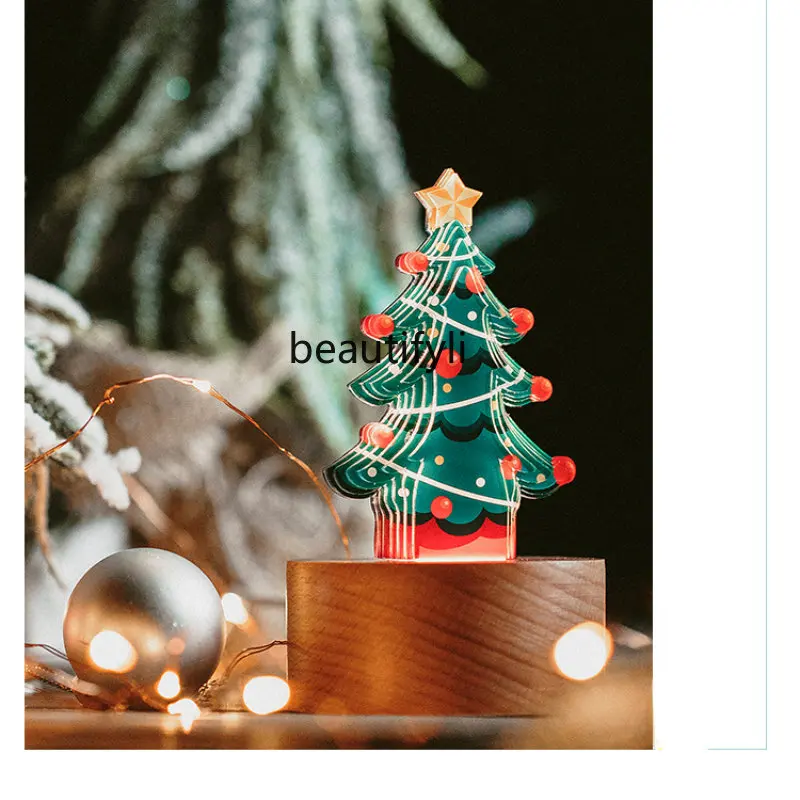 

yj Mini Acrylic Small Christmas Tree Ornaments Household Desk Ornamental Festoon Lamp Night Light Scene Layout