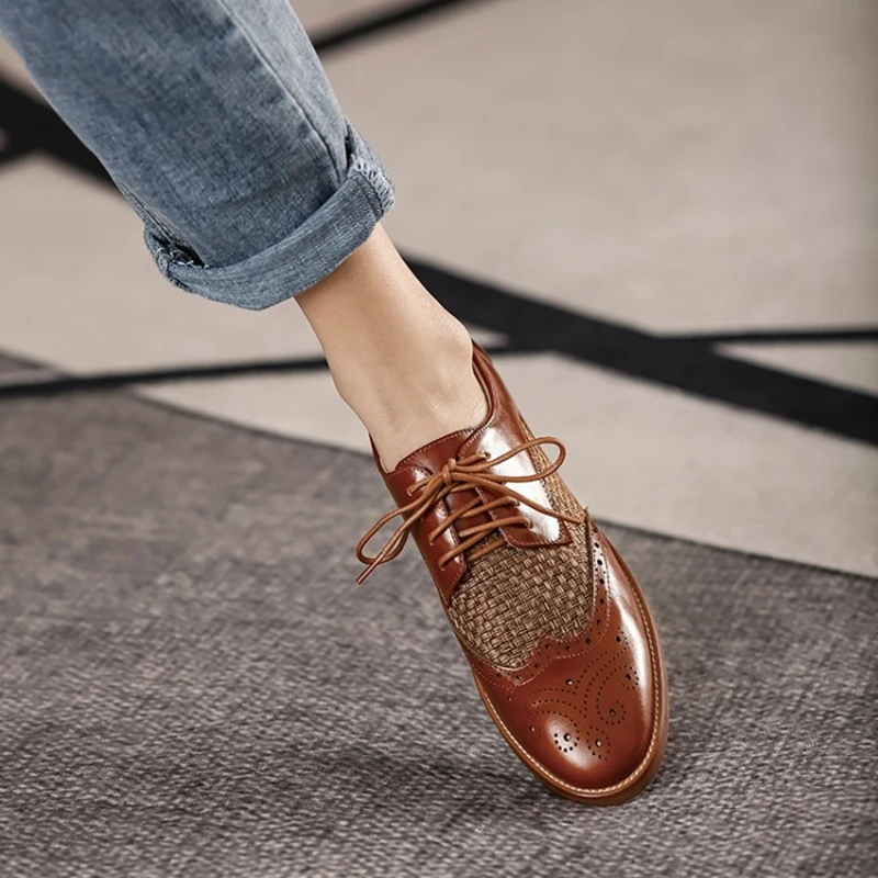 Women Oxford Flats Spring/Autumn Shoes for Woman Genuine Leather Brogues Vintage Lace up Loafers casual weave Black Girls shoes