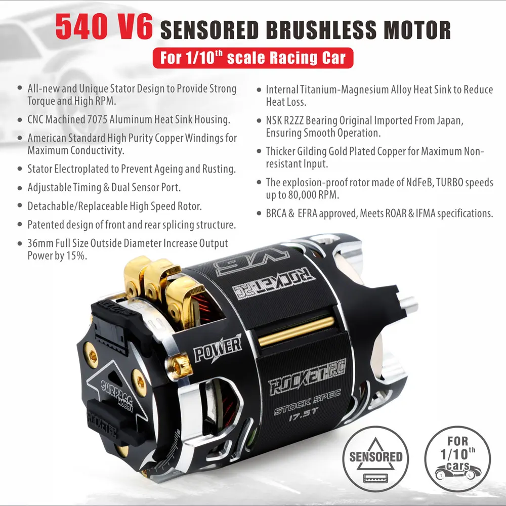 SURPASS HOBBY Rocket RC 540 V6 13.5T 17.5T 21.5T SPEC Sensored Brushless Motor Waterproof 3.175mm for 1/10 1/12 RC Car Drift