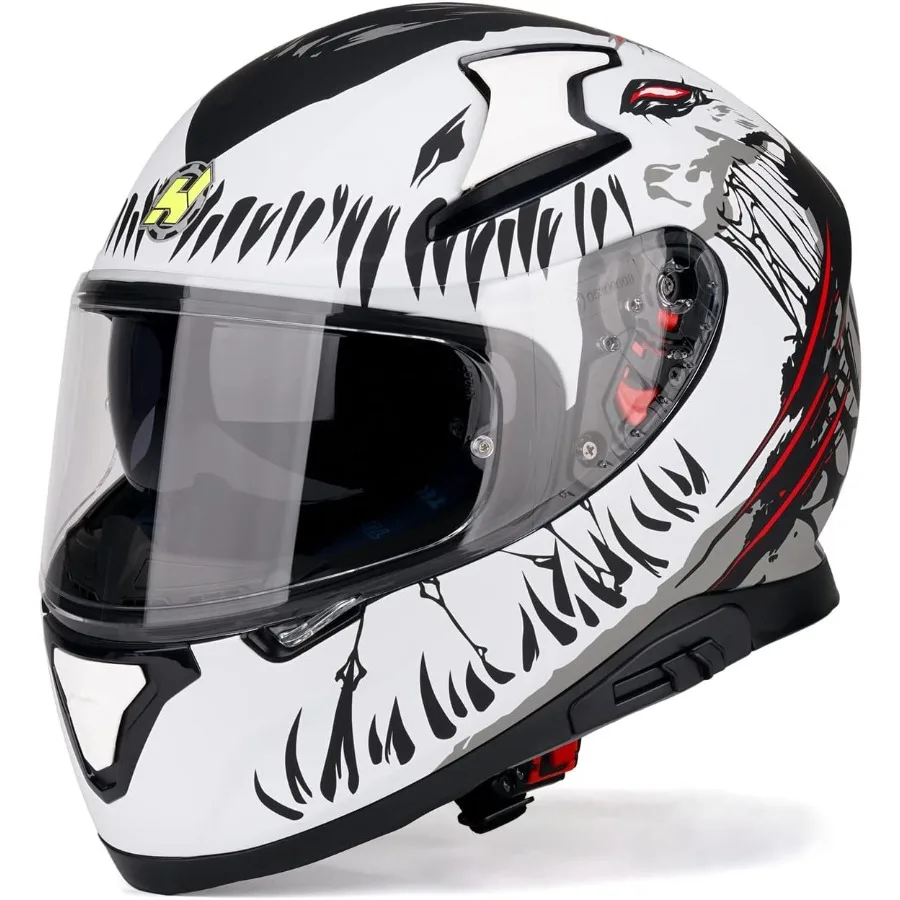 

Full face motorcycle helmet designed for adult riders with DOT approval featuring dual rear wing design and Pinlockready visor