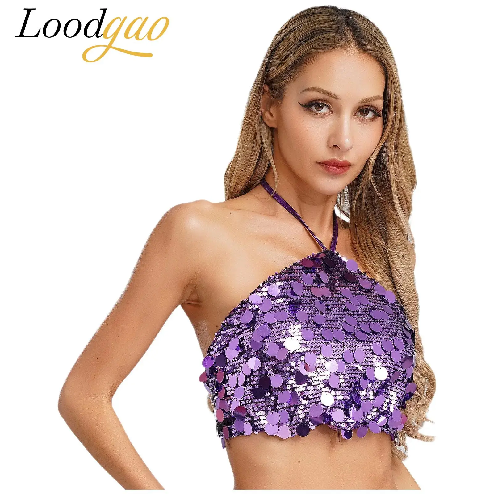 

Женский косплей, музыкальный фестиваль, укороченный топ с блестками, бретелька на шее, без рукавов, блестящая майка, коктейльная вечеринка, клубный топ, костюм Rave