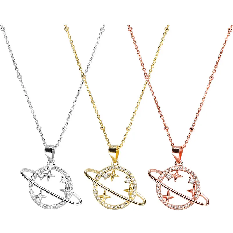 

925 Sterling Silver Planet Trajectory Saturn Long Chain Necklace With Clear Zircon For Women Moon & Star Planet Pendant Necklace
