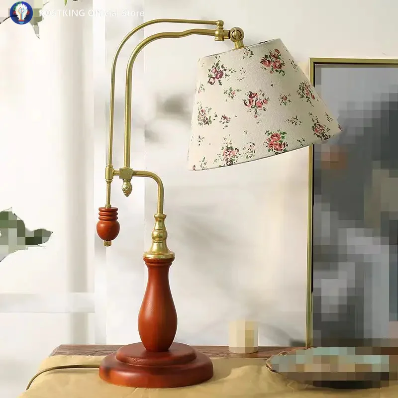 American Retro Vintage British Grille Table Lamp LED Solid Wood Adjustable Decorative Desk Lights Bedroom Bedside Coffee Sofa