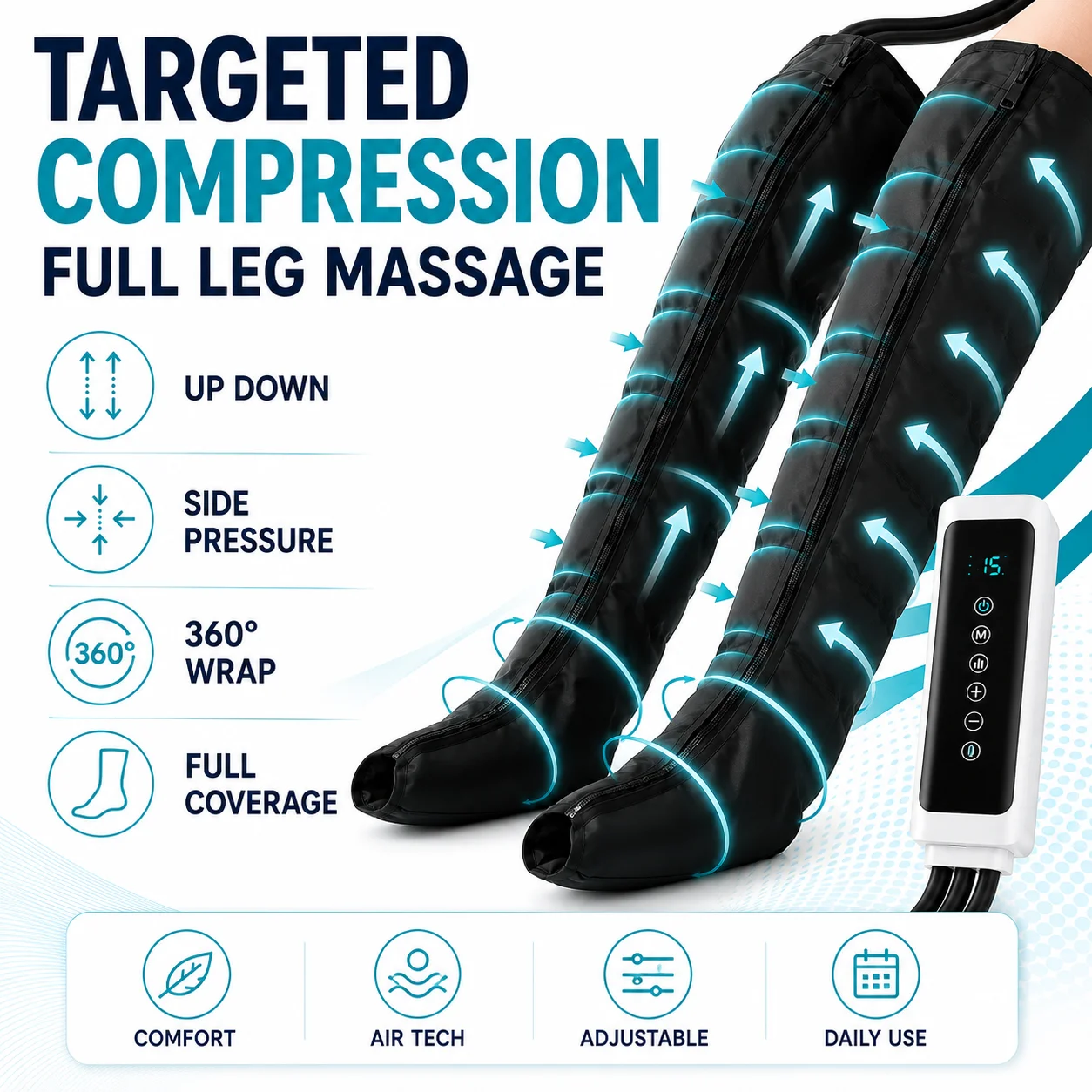 Air Compression Leg Massager Boots Full Leg Foot Calf Thigh Massage 3 Modes 3 Intensities 15 Min Timer Home Relaxation Daily Use
