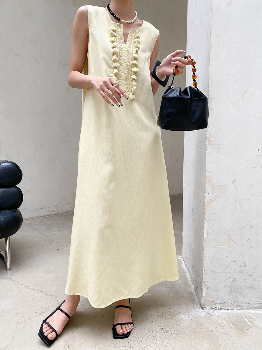 Sommerliches, lässiges, einfarbiges, ärmelloses Westenkleid für Damen mit V-Ausschnitt, Stickerei und Quasten – Detail 12