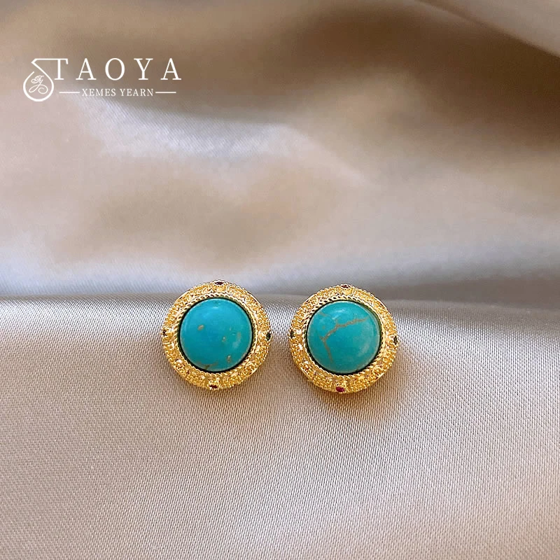 Retro Turquoise Round Earrings 2025 Gold Color Border Jewelry Wedding Party Unusual Accessories For Women Girls Versatile Gifts