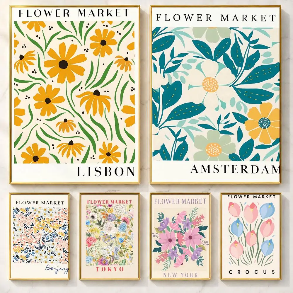 Elite Art F-Flower MarketS Poster Self-adhesive Art Poster Decoracion Painting Wall Art White Kraft Paper Home Decor
