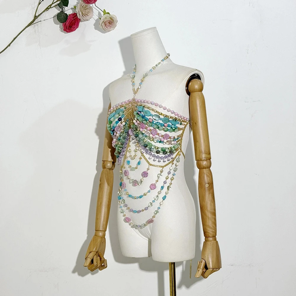 Handgefertigte türkisfarbene Lavendel-Körperkette mit mehreren Steinen für Damen, rückenfreier Ausschnitt, Perlen-Bustier-Bikini, Tankini-Badebekleidung, Dessous