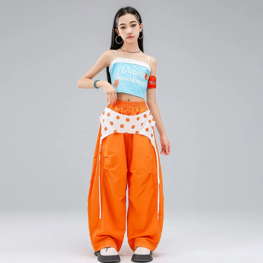 Street Dance Orange Blue Color Block Cami Top Matching Set Trendy Cool Jazz Stage Outfit Sleeveless Streetwear Summer Dance Suit