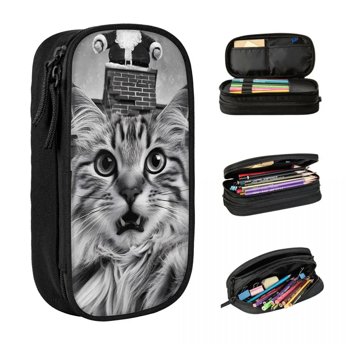 Cat Selfie With Santa Claus Party Merry Christmas Pencil Case Girls Boys Vintage Pen Box Custom DIY School Pencil Cases Gift