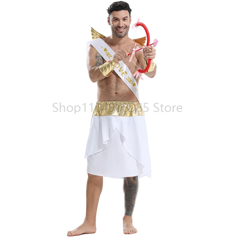 

Adult Greek Roman God of Love Valentine Dress Up With Gold Wing Arrow Bow One Shoulder Love Sashed Toga Costume for Men