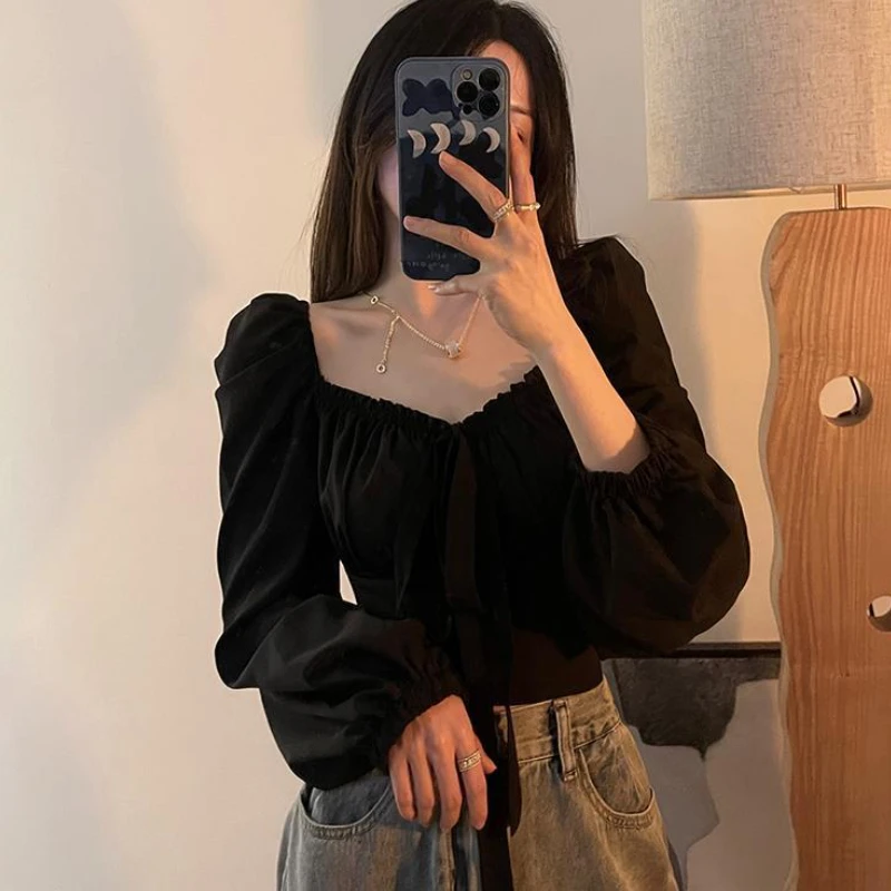 T-shirts Women Puff Sleeve New Korean Style Crop Top Female Summer All-match Daily Streetwear Stylish Square Collar Popular Ins