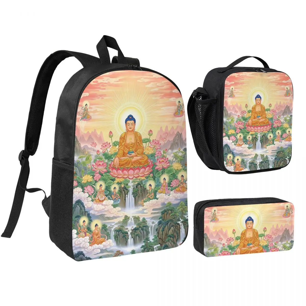 Tantric Buddhist Deity Buddhism God Buddha Backpack Student BookBag School Bag Shoulder Bags 3ps Insulated Lunch Bag Pencil Case