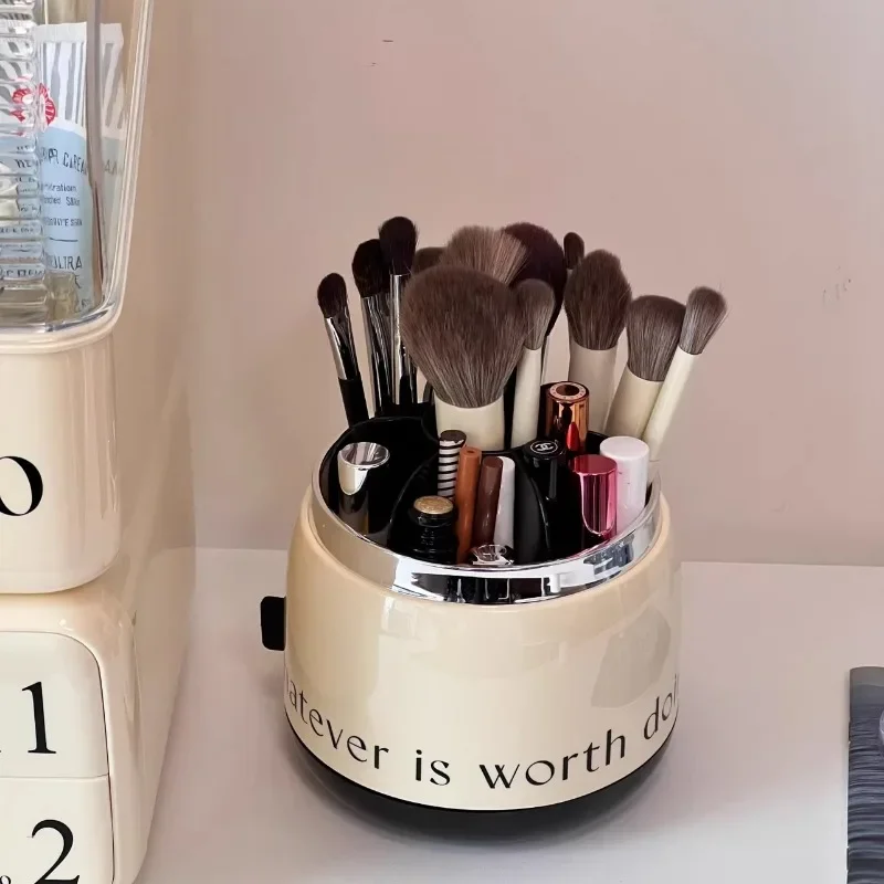 360 Rotating Makeup Brush with Lid,Large Capacity 24cm Cosmetic Storage for Lipstick Pens Brushes,Vanity Desk Bathroom Organizer