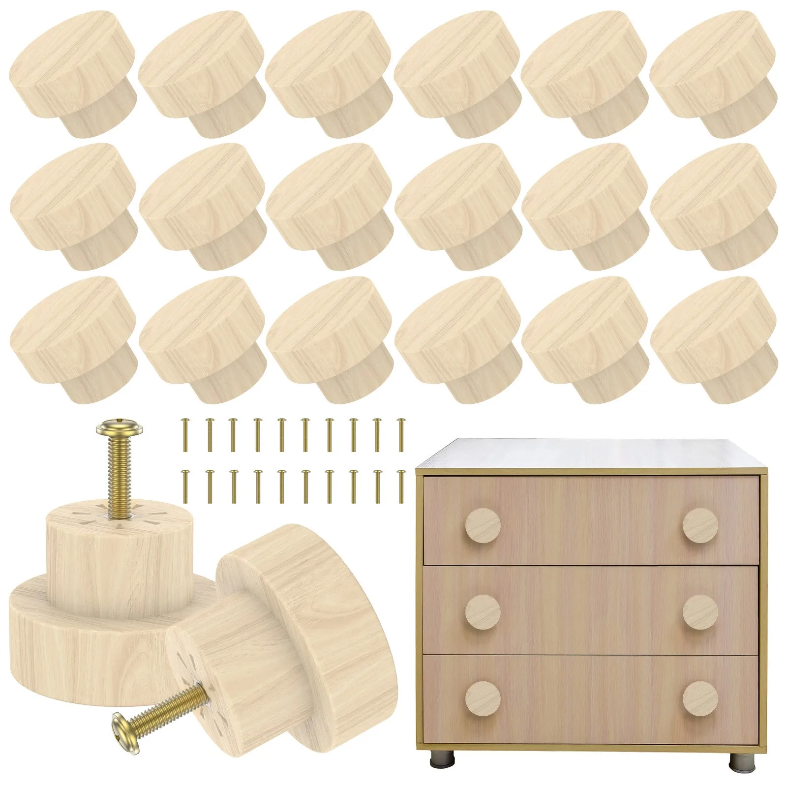 20Pcs Wooden Drawer Knobs Set Cabinet Furniture Door Drawer Flat Top Pull Handle Round 35mm Wardrobe Hardware