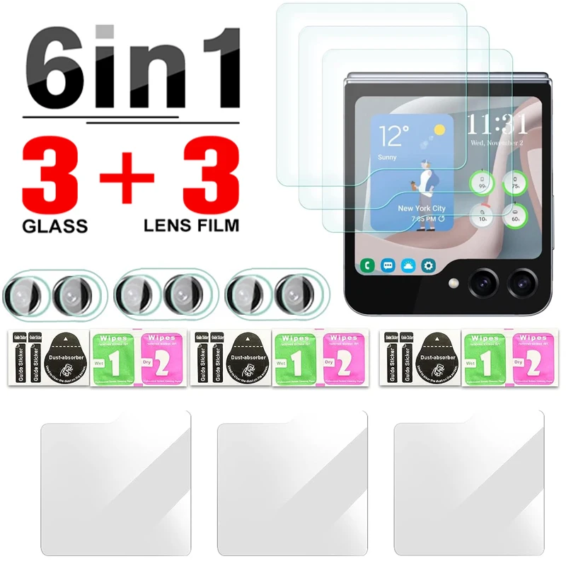 6-1Pcs Z Flip 5 HD Clear Hard Tempered Glass For Samsung Galaxy Z Flip 5 flip5 zflip5 5G Screen Protector with Camera Lens Film