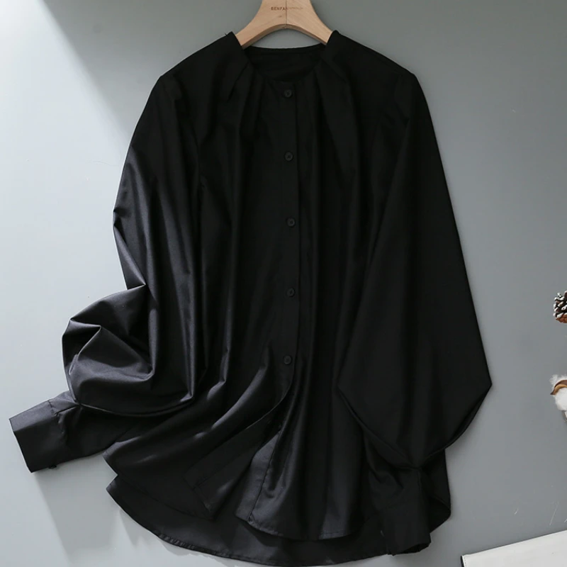 

Шифоновые винтажные женские рубашки на весну/лето, новая однотонная Корейская одежда, распродажа, свободный крой, Топ с длинным рукавом и круглым вырезом, женские блузки