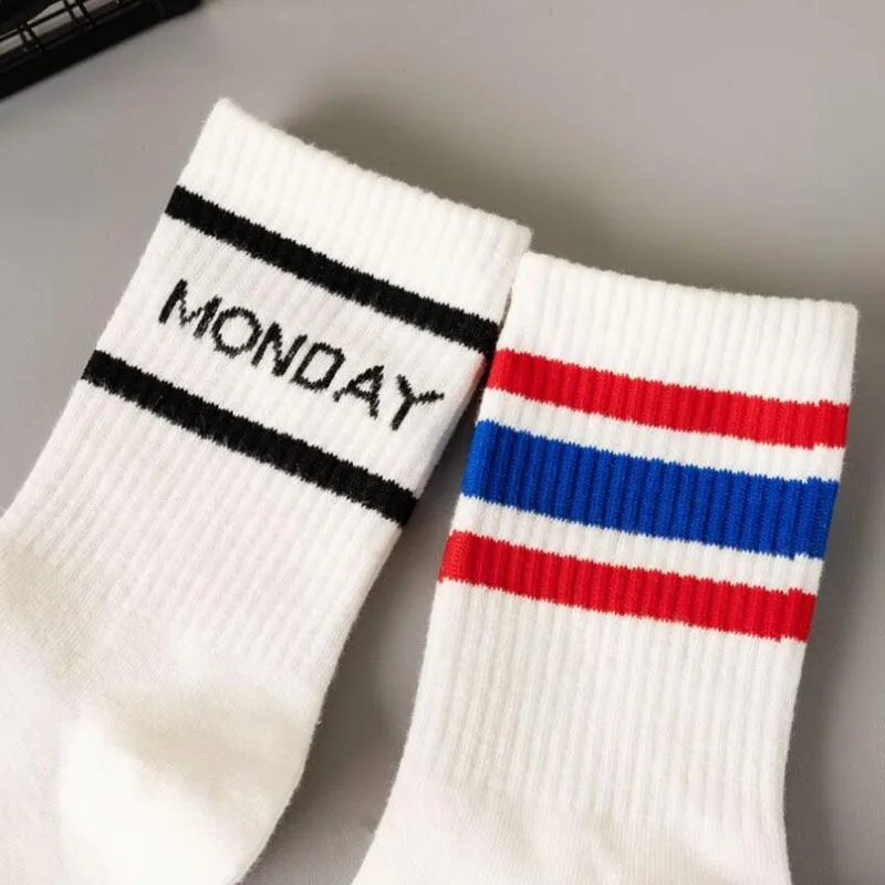 MYORED2 pairs of three stripes letter striped cotton socks to match the preppy couple mid-tube socks