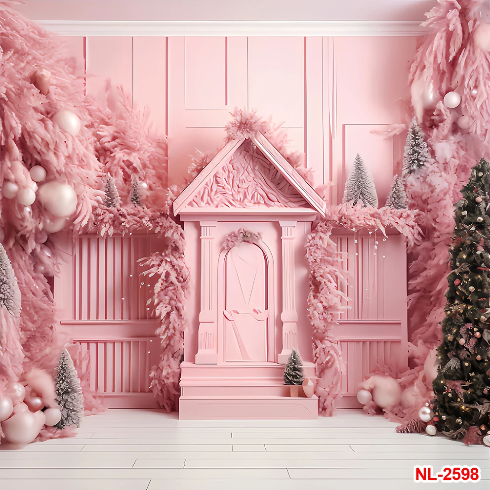 Photography Background Winter Christmas Pink House Window Xmas Trees Kids Family Portrait Decor Backdrop Photo Studio