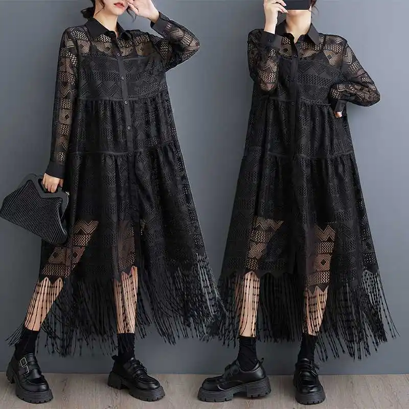 

Women Shirt Dresses Solid Dress Cut Out Lace Spliced Long Sleeve Ankle Length Loose Fit Straight Office Lady Casual 2025 Autumn
