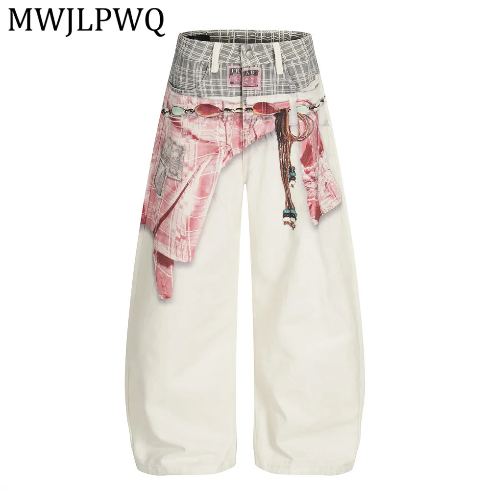 

MWJLPWQ Printed Fake Two-Piece Machete Jeans Men's Vibe Street Trendy Design Sense Niche Loose Wide-Leg Long Pants Spring 14602
