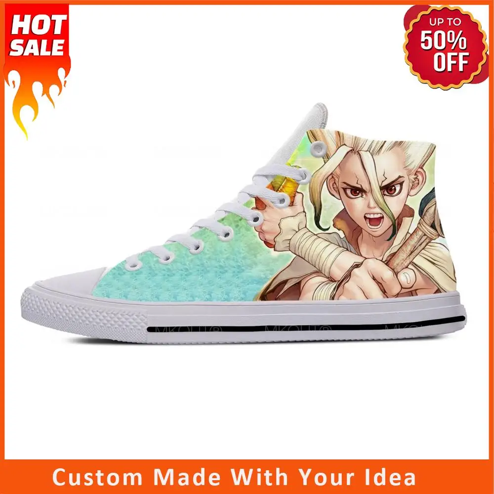 

Кроссовки мужские/женские с высоким верхом, аниме-манга, мультяшный комикс, Dr Stone, Ishigami Senku, Повседневная ткань, легкие дышащие кеды с 3D принтом