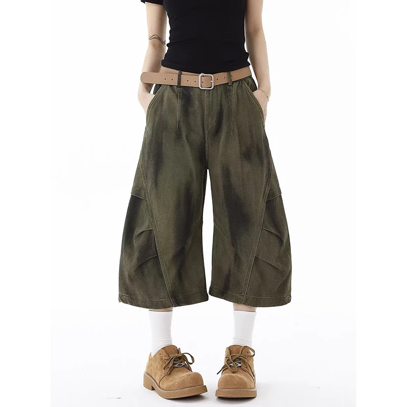 

ZHIZOU American Vintage Elastic Waist Jeans Women Grunge Casual 2000s Calf Length Pants Y2K Harajuku Street Washed Denim Trouser
