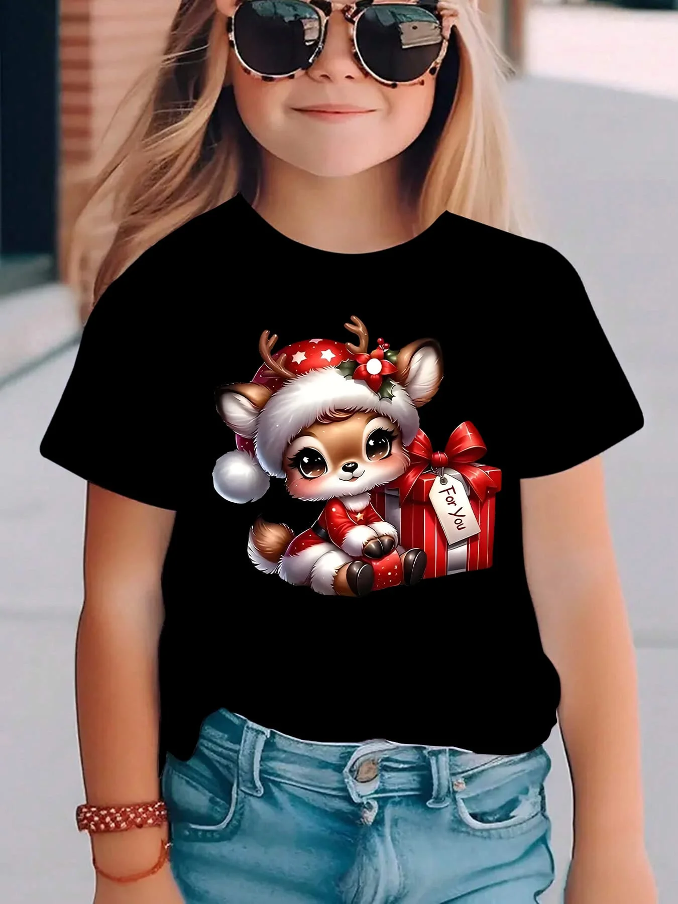 Kids Boys Girls Family Matching T Shirt Christmas Cute Reindeer Santa Hat Gift Box Graphic Print Short Sleeve Crew Neck Soft Tee