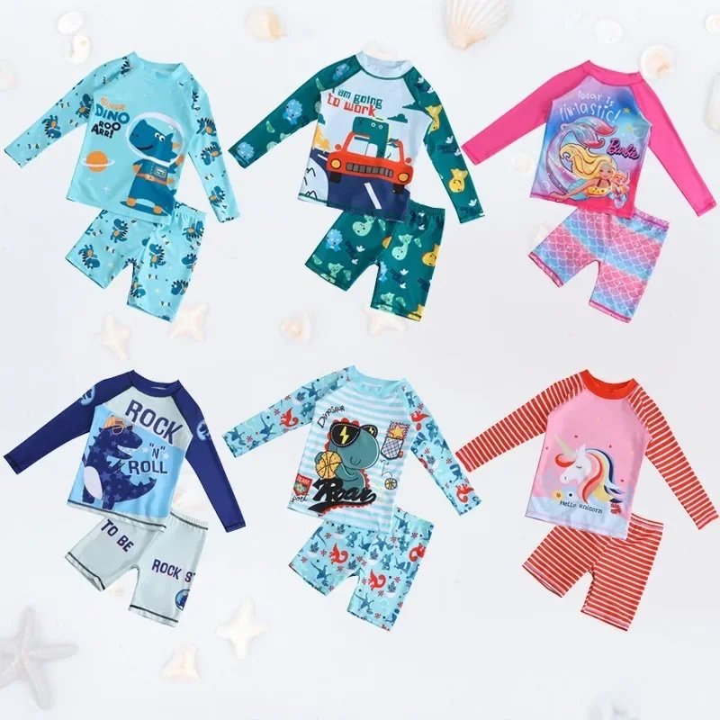 

Children Boy Girl Swimsuit Two-piece Swimwear Quick Drying Sun Protection Dinosaur Print Long Sleeves Bathing Suit