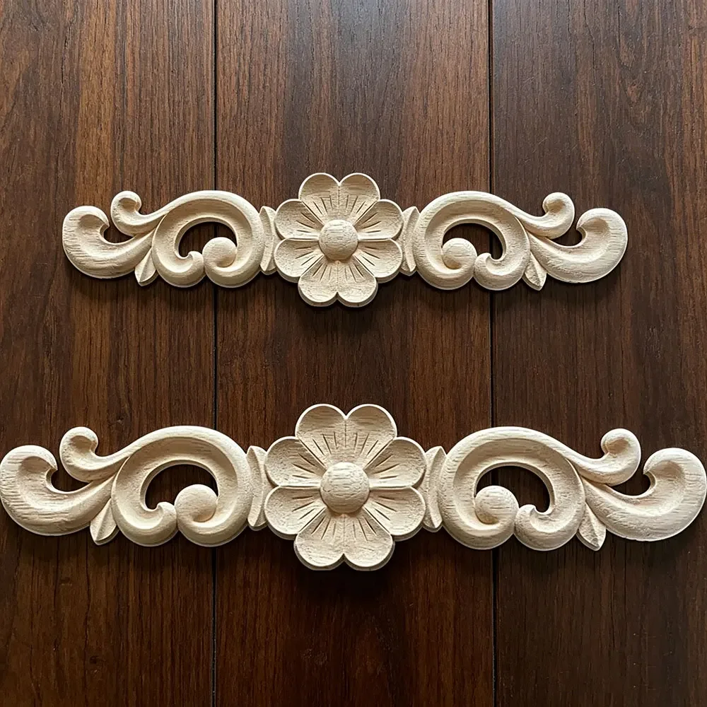 2PCS Woodcarving Decal Patterns Wood Appliques Carved Miniatures Wooden Figurine Crafts Furniture Window Home Decor