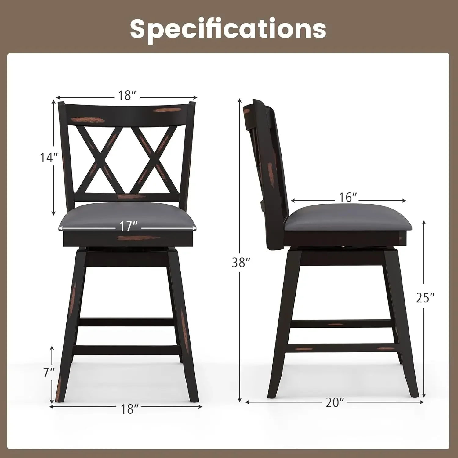 Bar Stool Set of 4 for Kitchen Island25" CounterHeight ChairwithErgonomicBackrestWaterproof PVC Surface & Solid Wood Structure,