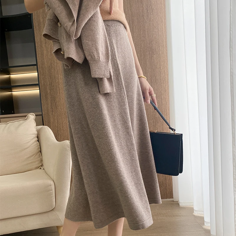 LONGMING Black Skirts for Women\'s Winter Dress Clothing 100% Merino Wool Autumn Knitted A-Line Dresses Streetwear Korean Fashion